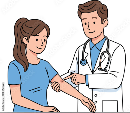 Doctor examining patient arm, medical checkup cartoon, skin infection illustration, healthcare consultation, doctor visit, cartoon hospital scene