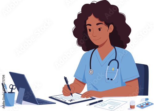 Female nurse working at desk, writing on clipboard, wearing scrubs and stethoscope, medical professional, healthcare worker, laptop, medication, clinic.