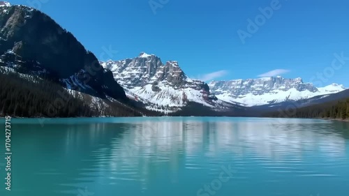 Mountain lake reflecting snow capped peaks