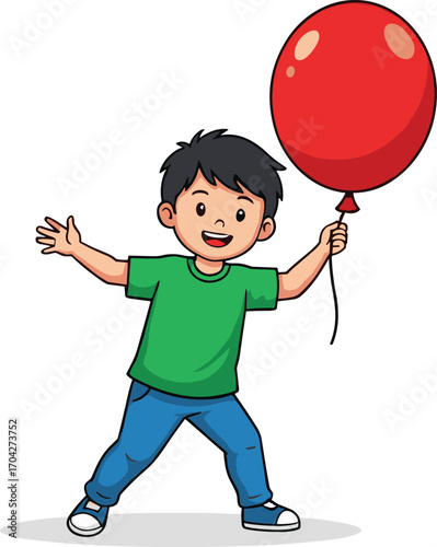 Happy boy holding red balloon, playful child in green shirt, casual outfit, smiling kid, outdoor fun, cheerful youngster, childhood joy