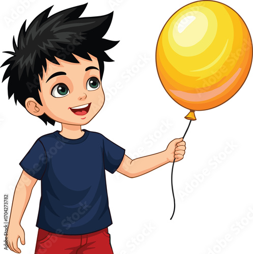 Happy boy holding yellow balloon, smiling child in blue shirt, casual outfit, playful kid, joyful youngster, childhood fun, outdoor happiness