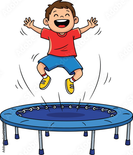 Happy boy jumping on trampoline, active child playing, joyful expression, outdoor fun, kids exercise, summer activity, energetic playful kid.