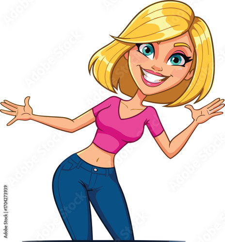 Happy smiling young woman, blonde girl posing, cheerful expression, casual style, pink top, blue jeans, playful gesture, joyful energy, positive mood