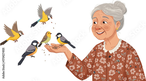 Smiling elderly woman feeding birds, holding hand with birdseed, outdoor nature scene, happy senior, floral blouse, caring grandmother.
