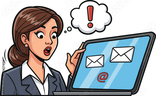 Surprised businesswoman looking at laptop screen, email notifications, urgent messages, alert icon, office work, communication, digital marketing, technology concept.