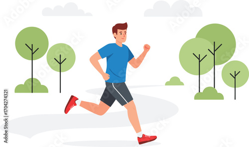 Young man jogging outdoors in park, healthy lifestyle, fitness exercise, daily workout, morning run, nature background, flat vector illustration.