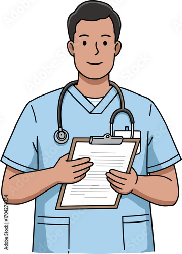 Young male nurse holding clipboard, wearing scrubs and stethoscope, healthcare professional, medical worker, patient care, hospital, health, medicine.