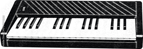 Vintage keyboard illustration, piano keys drawing, retro musical instrument, black and white artwork, classic synthesizer sketch, detailed music equipment