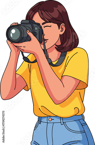 Young woman taking photo, holding professional camera, photography hobby, digital camera, casual outfit, outdoor photo shoot, smiling, creative photographer
