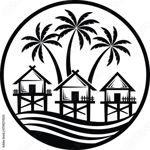 Tropical Beach Huts on Stilts with Palm Trees in Oval Frame, Coastal Village Illustration for Island Resort, Travel, Nature, or Cultural Design Concepts