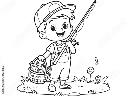 Happy child holding fishing rod line art illustration for coloring activity