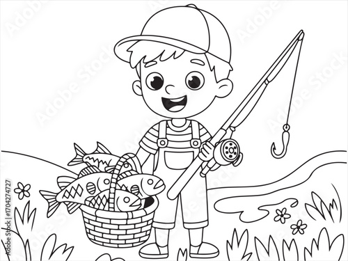 Cartoon boy fishing with basket of fish black and white coloring page