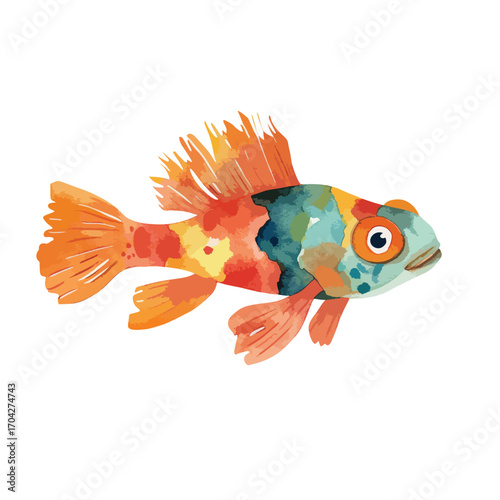 Vivid Watercolor Fish with Orange Fins and Teal Body