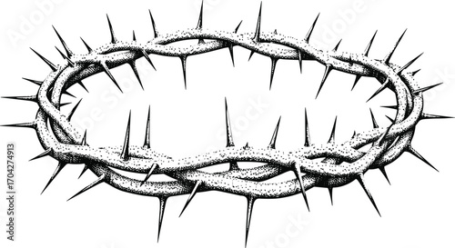 Crown of thorns illustration, detailed black and white sketch, Christian symbol artwork, religious iconography, biblical crown drawing, thorny wreath design
