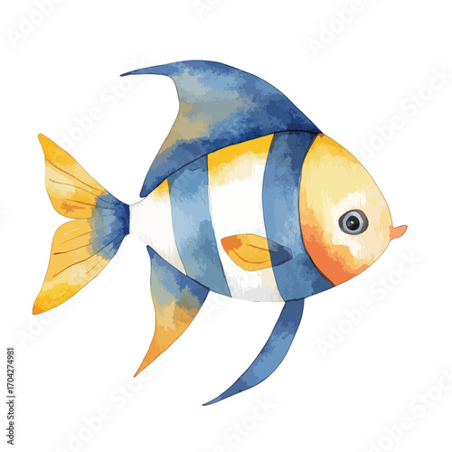 Watercolor Angelfish with Blue and Yellow Stripes Detailed Illustration