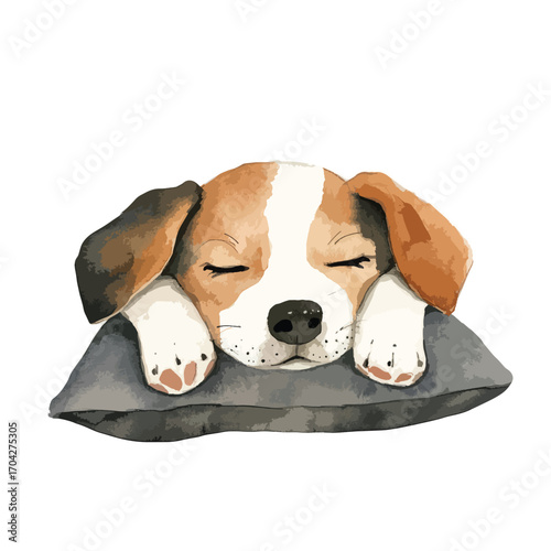 Watercolor Beagle Puppy Sleeping Peacefully on Grey Pillow