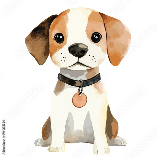 Watercolor Beagle Puppy with Copper Tag Sitting