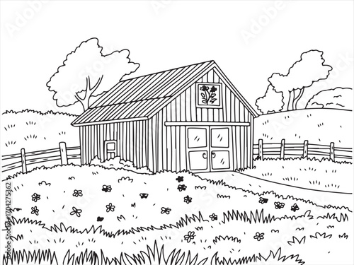 Printable barn illustration in rural scene for kids and adults activity