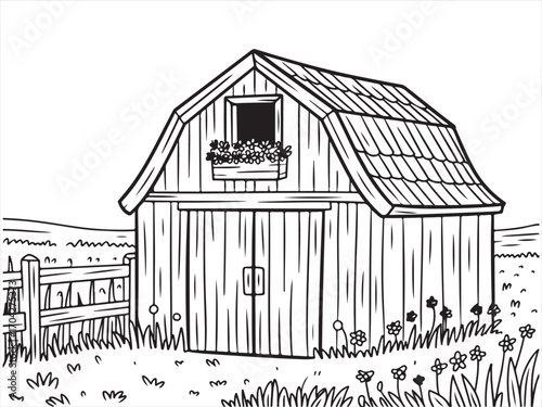 Wooden farmhouse with fence and windows black and white coloring sheet