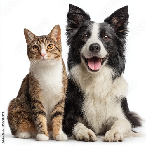 a happy, smiling border collie dog and cat sitting next to each other on a white background. the image is photo-realistic, with a full-body shot, high resolution, high quality, and high detail. the fo