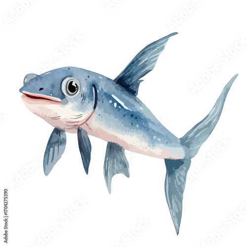 Watercolor Blue Fish with Large Eyes and Distinctive Fins Illustration