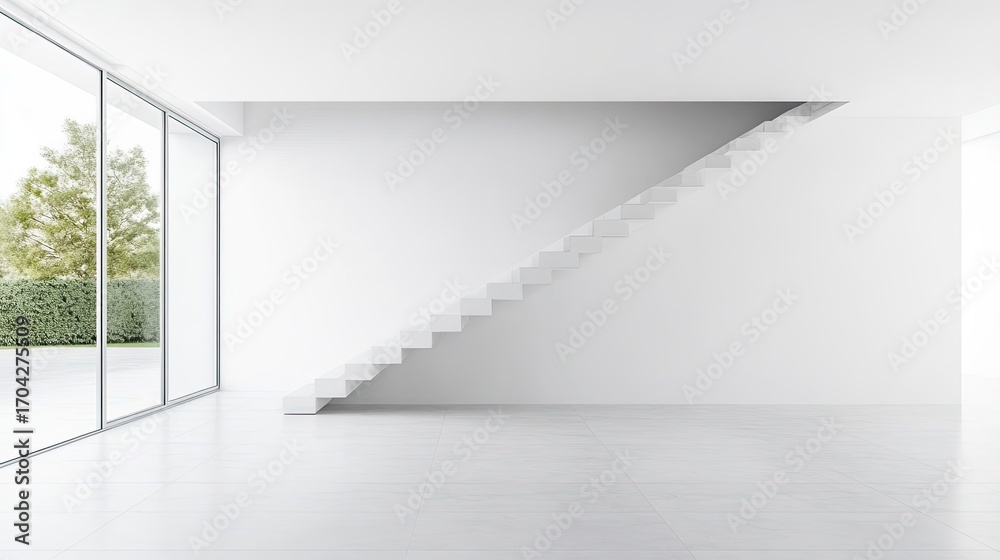 Fototapeta premium Modern minimalist interior with staircase and windows