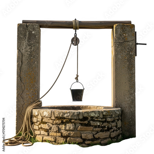 Ancient stone well with rope and bucket evoking rural past and olden times imagery transparent background