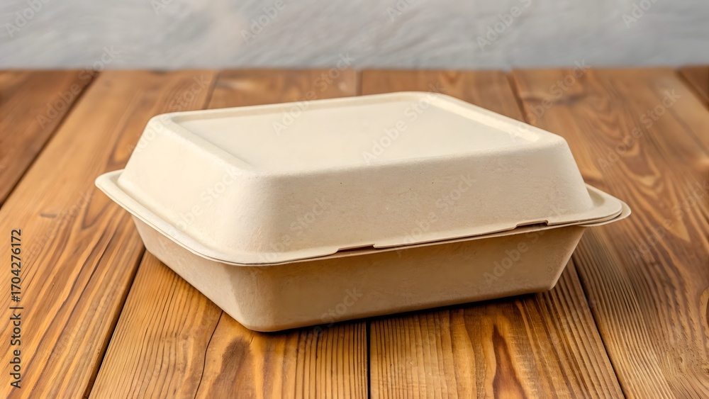 Fototapeta premium A closed beige container on a wooden surface top