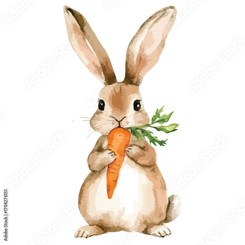 Watercolor Bunny Rabbit Holding a Carrot