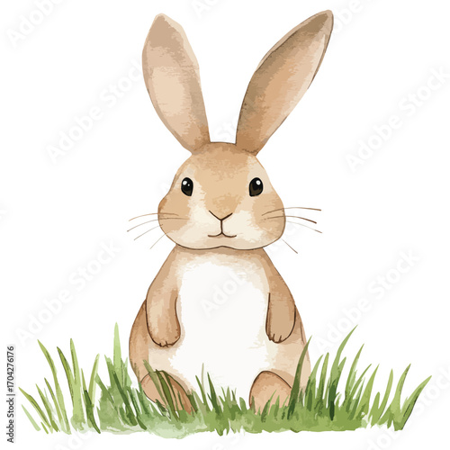 Watercolor Bunny Sitting in Grass Gentle Expression