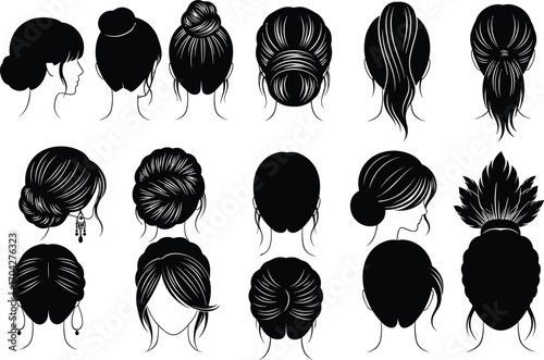 Female hairstyle silhouettes, elegant woman hair bun designs, fashion hair vector, black hairstyle icons, beauty salon clipart set