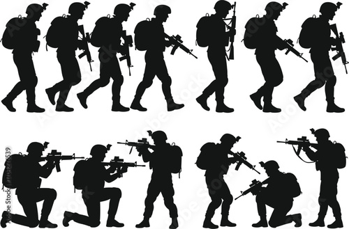 Military soldier silhouettes, armed soldiers walking, tactical combat team, soldier aiming rifle, army infantry group, soldier shooting position, warfare action