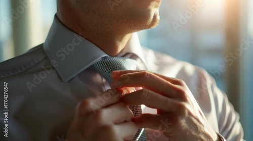 Close-up of a man tying his tie in the morning sunlight