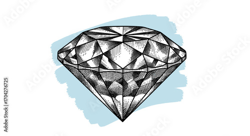 Black and white engraving sketch of diamond on light blue brush stroke, isolated on white background, vintage etching vector illustration for design, trendy luxury and jewelry concept