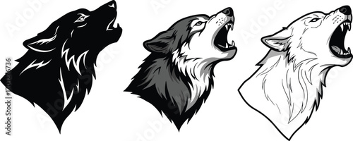 Howling wolf head silhouettes, wolf face illustration, wild animal artwork, black and white wolf design, fierce wolf expression, wildlife nature