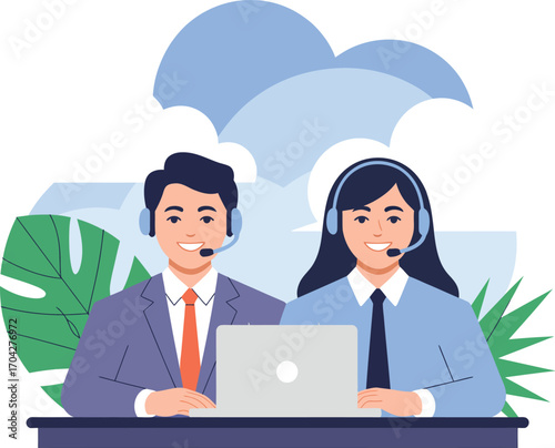 Friendly customer service representatives with headsets and laptop ready to assist you