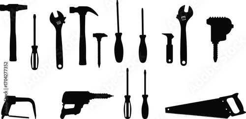 Black Silhouette Vector Set of Hand Tools Including Hammer, Wrench, Screwdrivers, Saw, Drill, and Other Construction Equipment for DIY and Repair