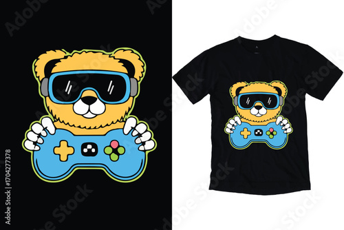 Cute Gamer Bear Critical Gaming Illustration T-shirt Vector design.