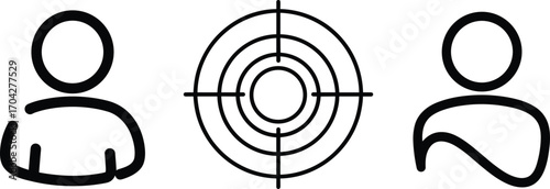 User and Target Icon Set Featuring Human Profile Symbols and Bullseye Design in Minimalist Black Style