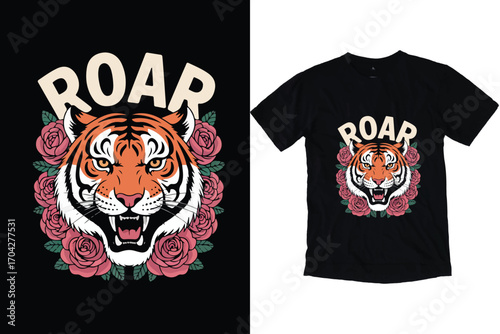 Roaring Tiger Head with Roses – Bold Vintage Style Illustration tshirt desing