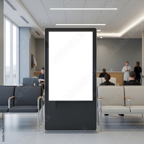 Blank digital signage display in hospital waiting room with chairs and people