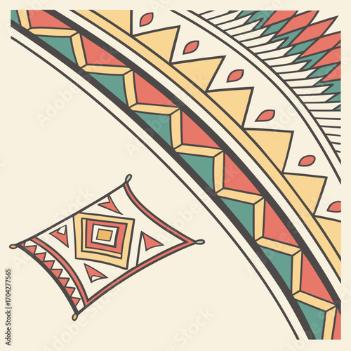 Closeup of a patterned textile with a pillow on a beige background