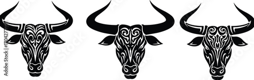 Bull head tribal design, buffalo vector illustration, horned animal tattoo art, ethnic bull symbol, strong animal icon, graphic element