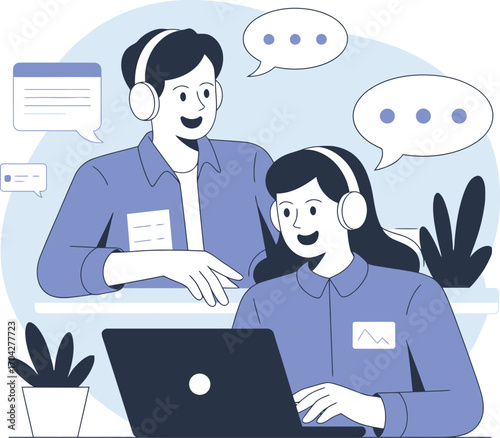 Customer support team collaboration and communication with headsets and laptop