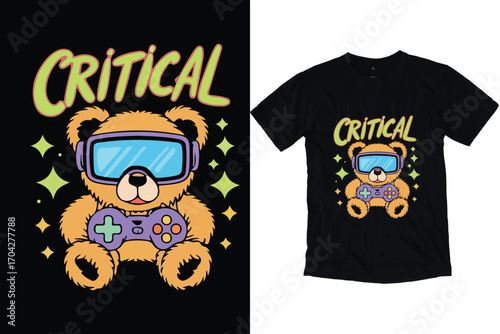 Cute Gamer Bear Critical Gaming Illustration T-shirt Vector design.