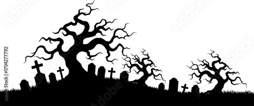 Horizontal banner with black silhouette of cemetery and trees on a white background. Nightmare landscape. Halloween vector illustration for sticker, banner, invitation, poster