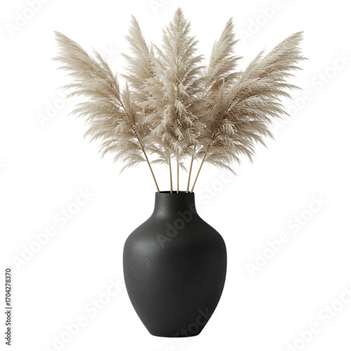 black vase with pampas grass on transparent background