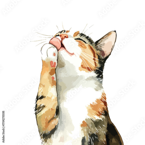 Watercolor Cat Licking Paw with Closed Eyes Artistic and Detailed Portrait