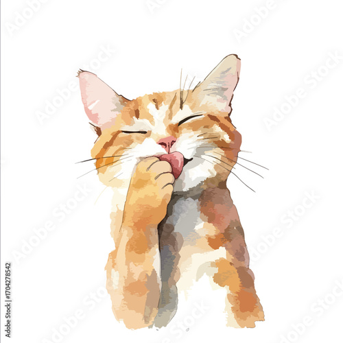 Watercolor Cat Licking Paw with Closed Eyes Expressing Contentment and Cleanliness