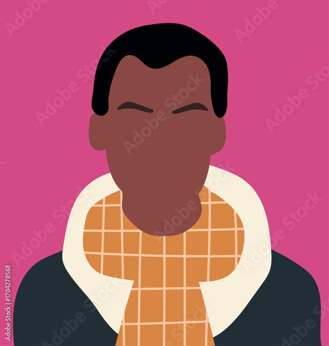Faceless black male character  in scarf, abstract portrait, blank face, head avatar.  in scarf. Unknown person, user profile. Hand drawn vector illustration.